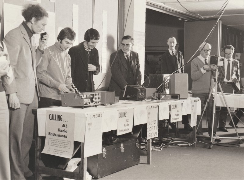 “The picture shows our exhibition at the Leisure For Pleasure Exhibition. From left to right: Chris Railton, G3YQV; Mike Kipp G4FBK; Chris Friel G4AUF; Don Nappin G3MLS; Les Light G3KDL; Geoff Hodges, G3KRT; Derek Morris G3LSY”